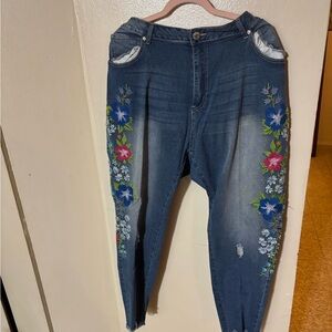 Ashley Stewart Blue Jeans with Floral Embroidery